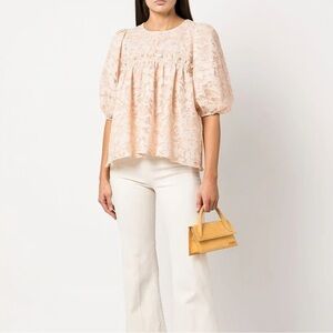 Stine Goya Emmeline Organza Embroidered Puff Sleeve Babydoll Boho Top Size Small